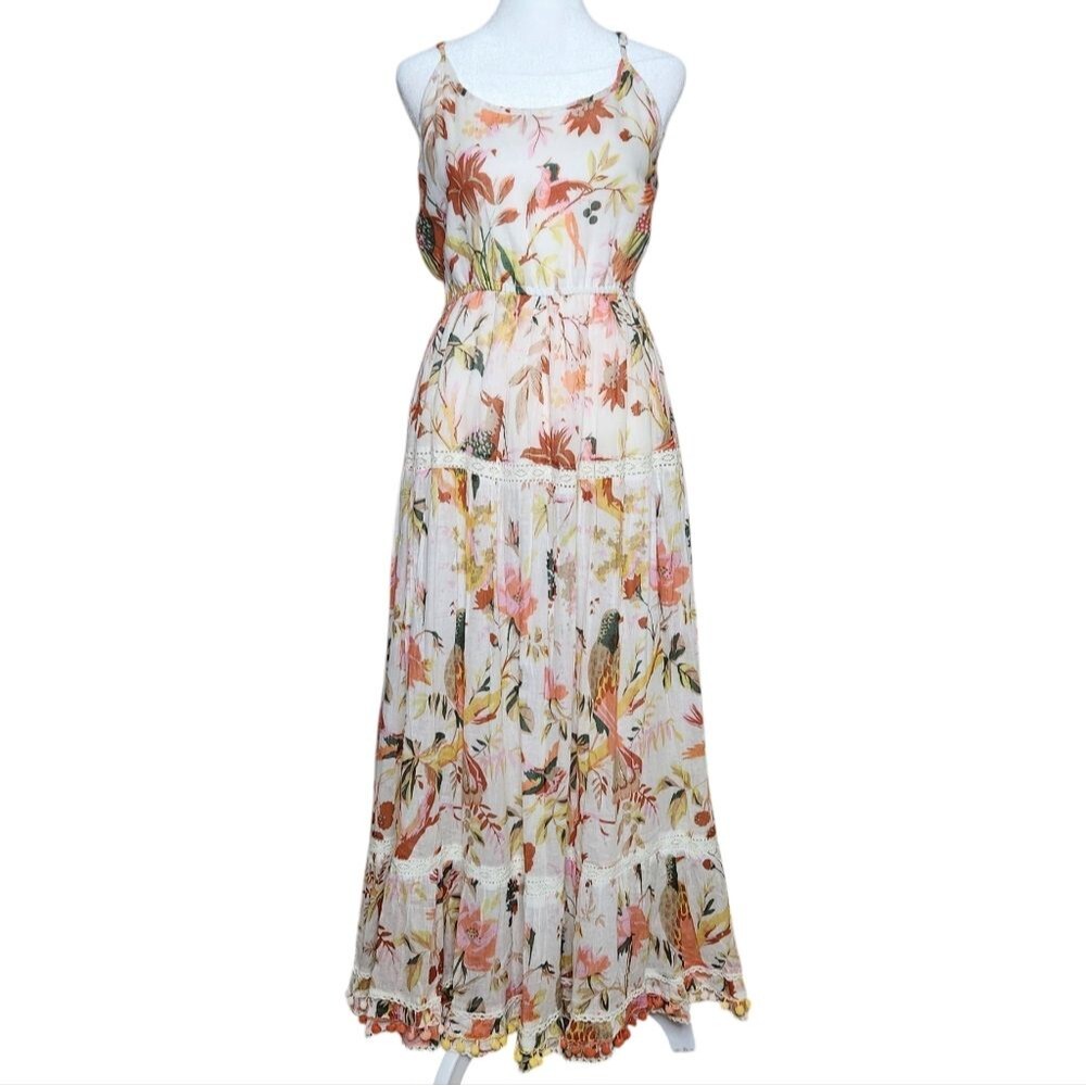 Ranee's Tiered Maxi Dress S/M White Coral Tropical Print Pom Poms Coastal Boho